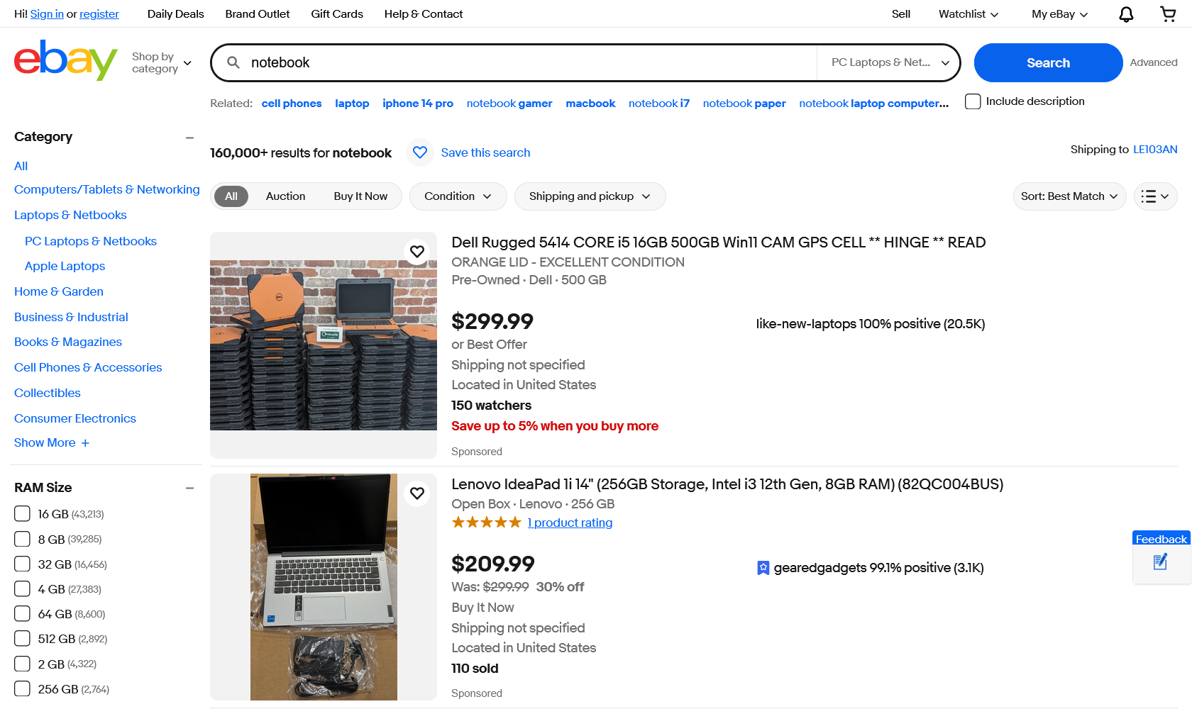 Страница поиска ноутбуков на eBay с результатами выдачи